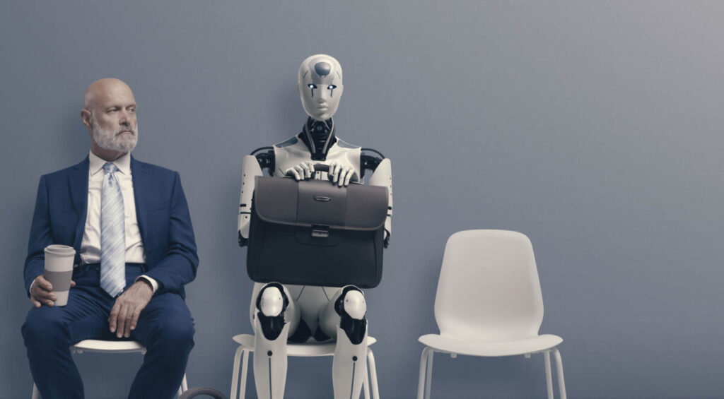 GPT-4 for business - man and robot waiting for job interview