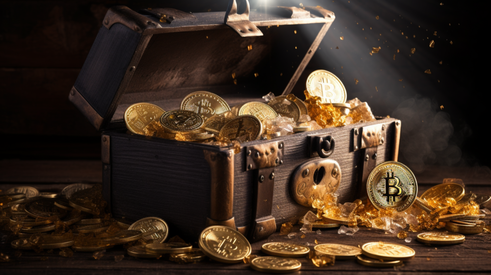 A treasure chest full of bitcoins