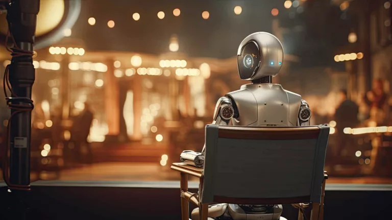 Hollywood writers get AI deal shown by a robot in the director chair on a film set.