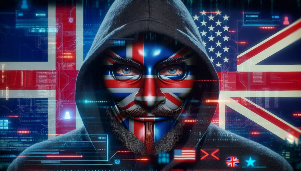 election cyberattacks shown by cyberattacker between UK and US flags