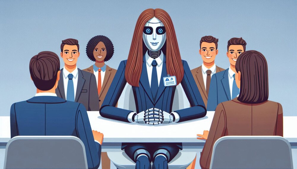 Generative AI impact recruitment shown by AI robot sitting at an interview panel