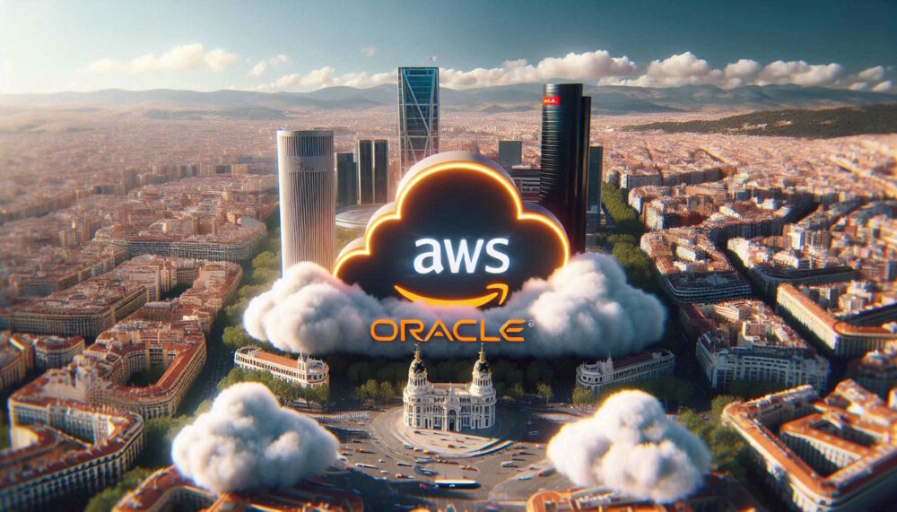 spain cloud regions - shown by AWS and Oracle logos in clouds over Madrid