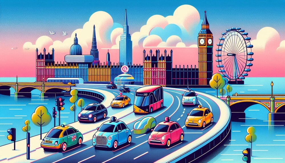 Automated Vehicles Act shown by driverless cars in front of London landmarks