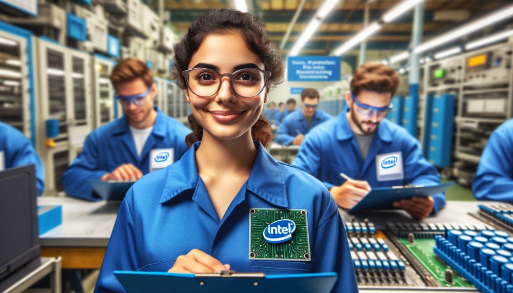 Intel apprenticeship program manufacturing - shown by AI generated image of young employees with Intel badges in factory