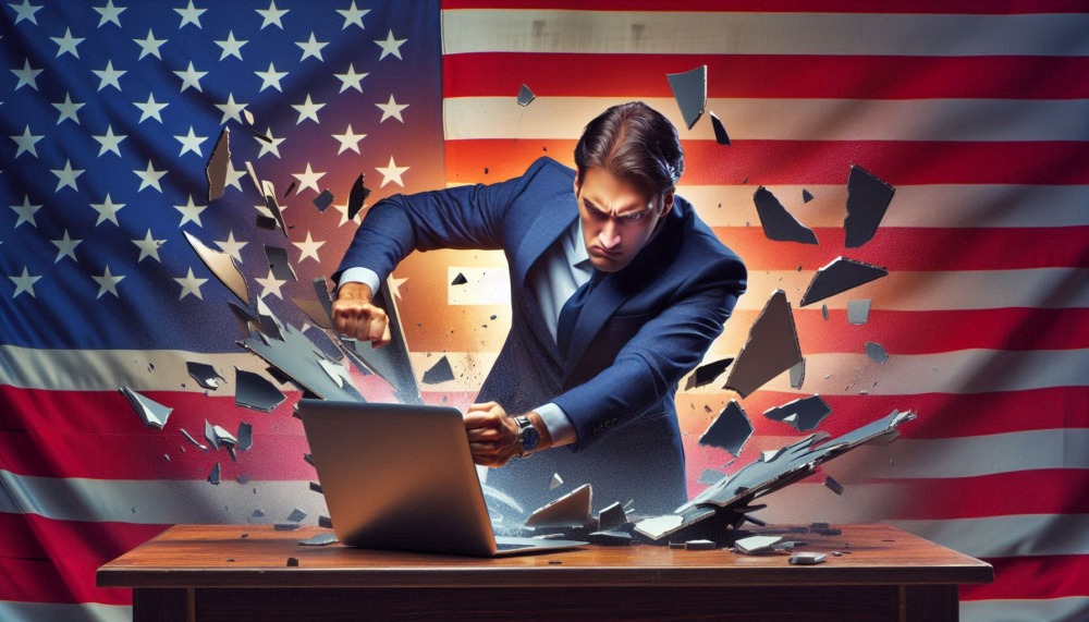 Trump Vance big tech approach shown by man in suit smashing laptop in half