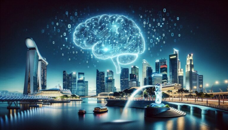 Singapore quantum computing Quantinuum partnership shown by digital brain above cityscape