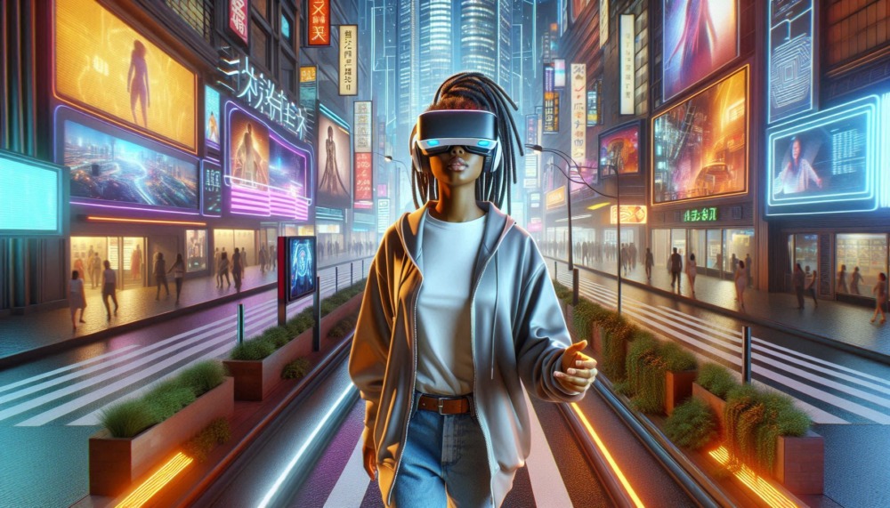 Future of marketing shown by woman wearing VR headset walking down futuristic street surrounded by advertising