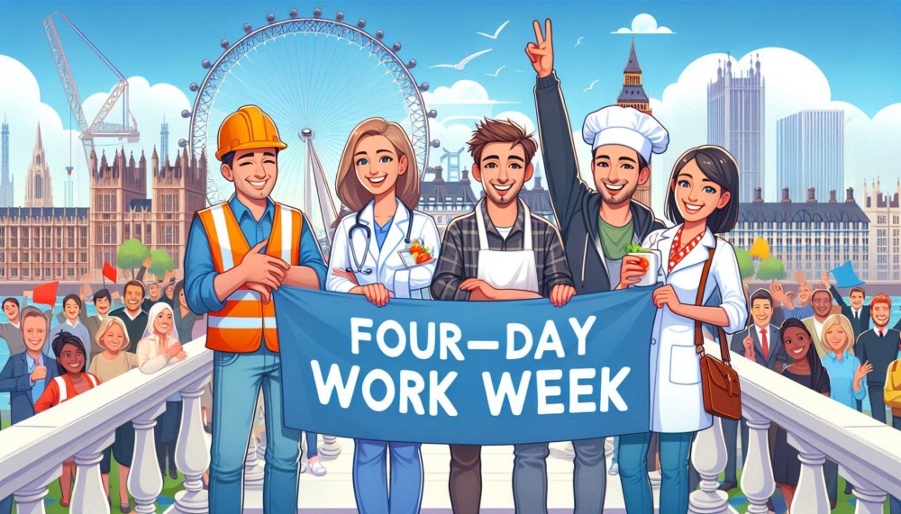 uk four-day week shown by British workers against London backdrop