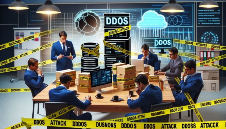 DDoS attacks business shown by workers in crime scene tape