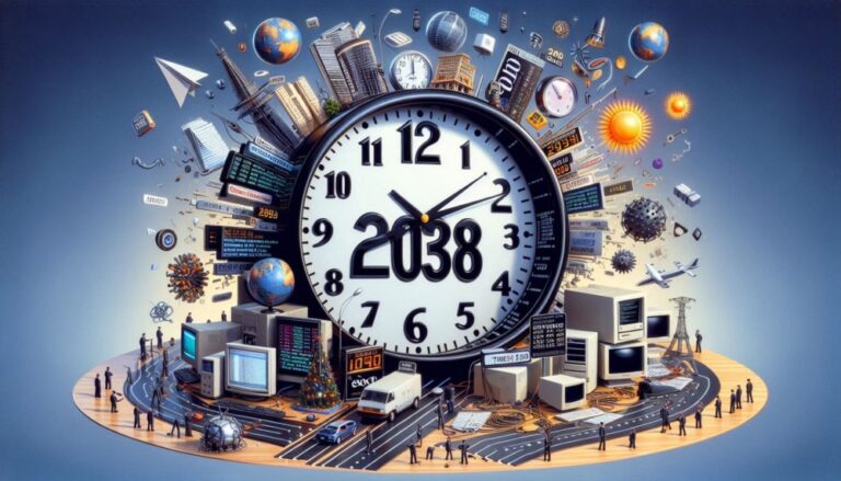 Epoch Time bug as a clock surrounded by industrial items that's ticking down to 2038