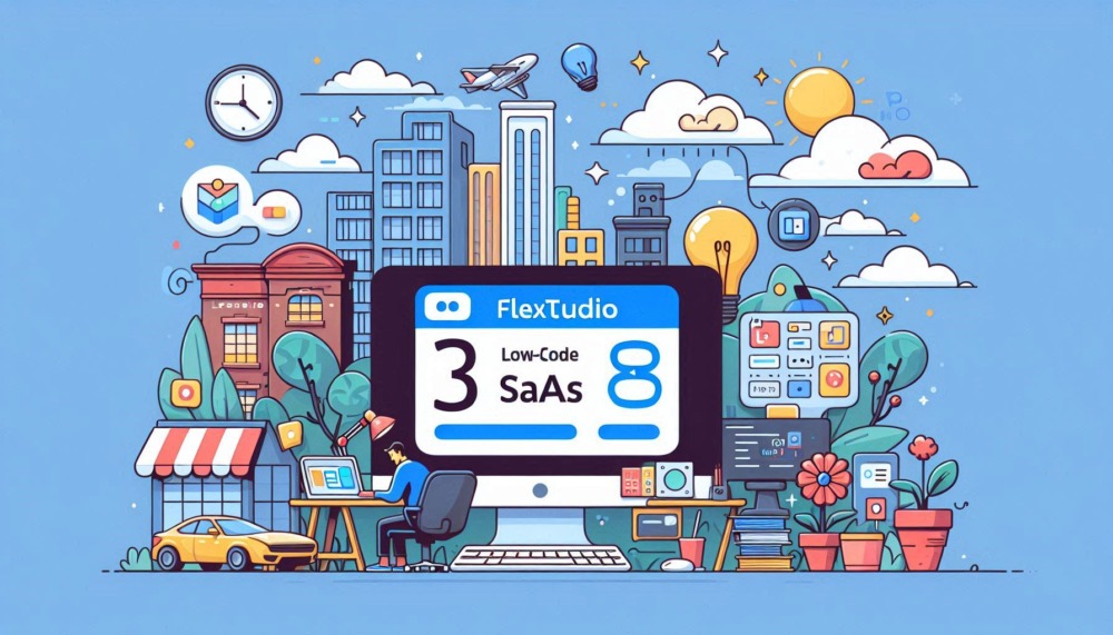 Flextudio SaaS Low-Code shown with Flextudio at centre of development flow chart