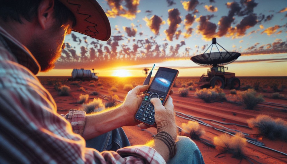 Verizon and Skylo launch shown by farmer in Australian outback using a phone with a satellite in the background