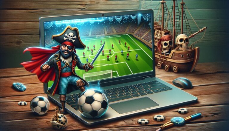 digital piracy threat shown by pirate in front of laptop playing soccer match