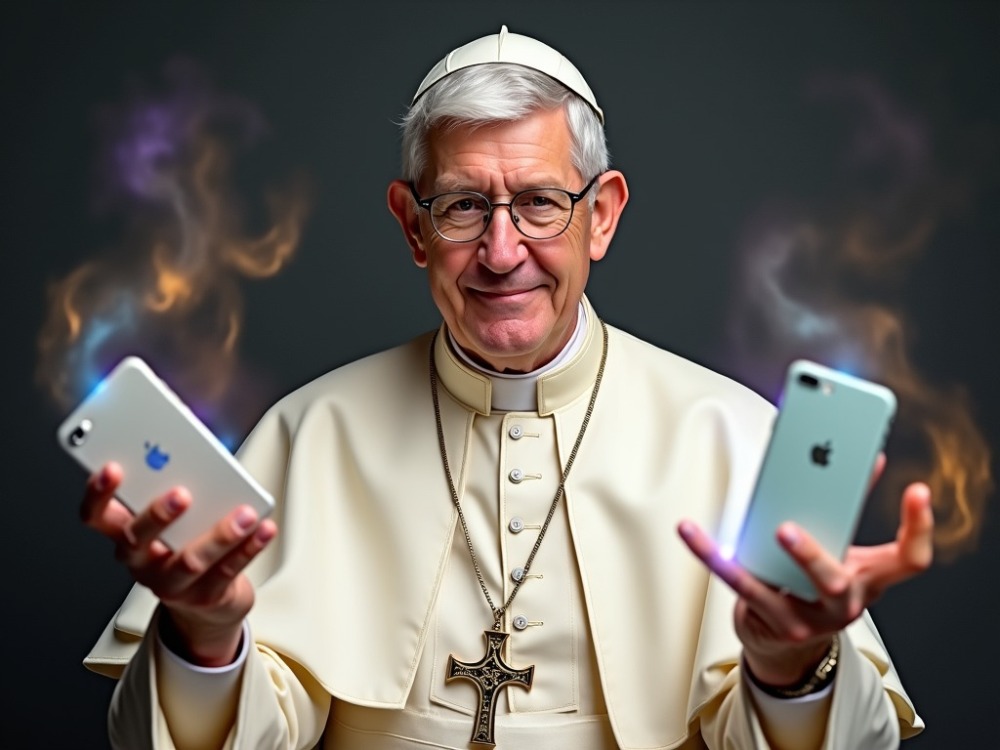 AI generated image of a religious figure holding two glowing iPhones.