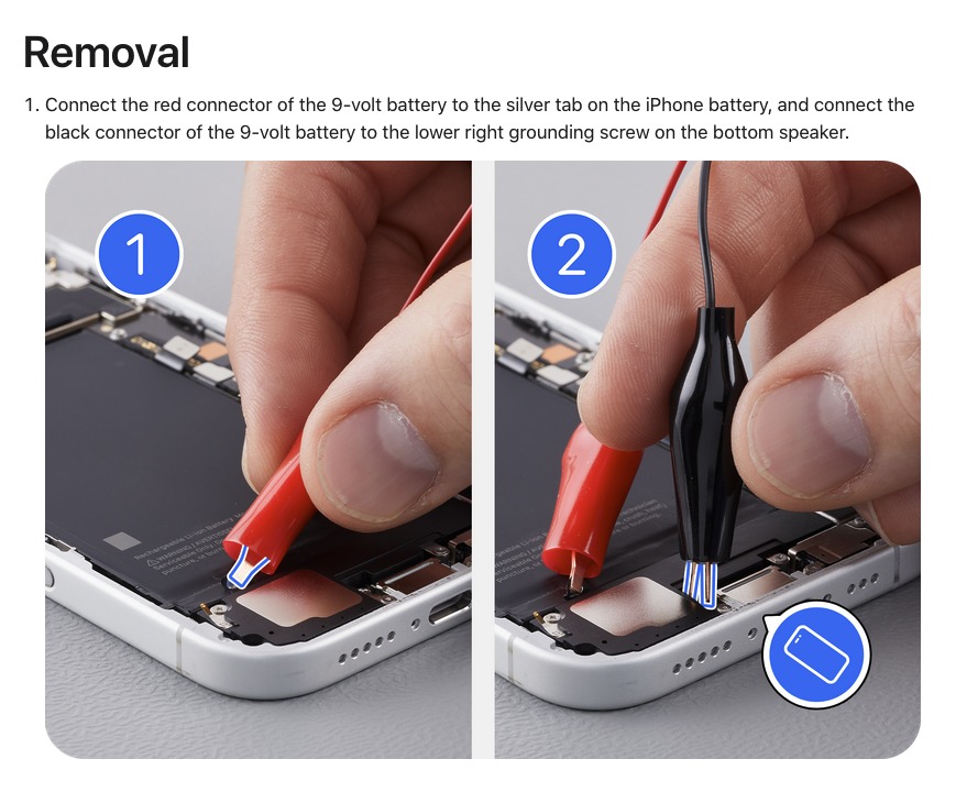 Image of the 9v battery removal procedure taken from the iPhone 16 Repair Manual