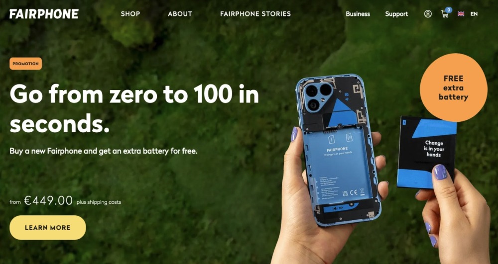 Fairphone advert offering a free battery with new handsets.