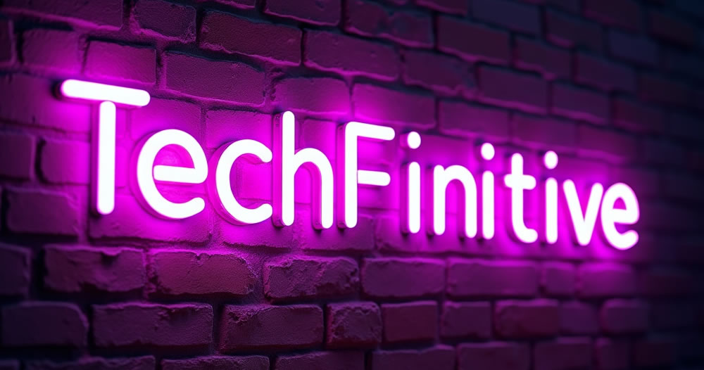 The word TechFinitive in pink neon.