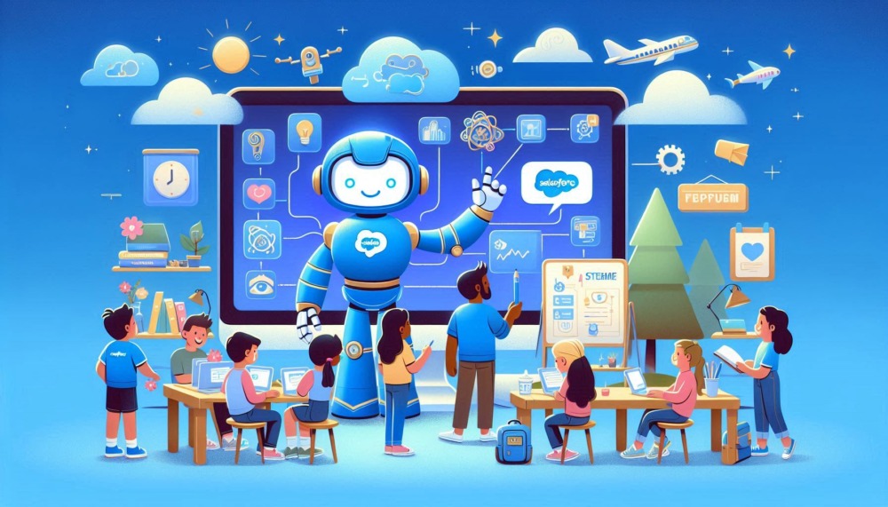 Salesforce STEM Education pledge shown by AI teacher in front of class