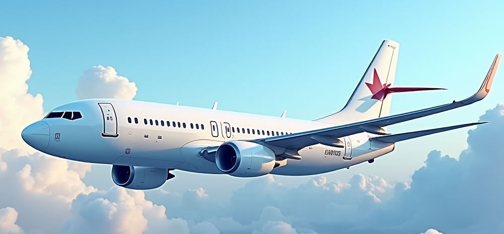 A computer rendering of an airplane in a bright blue sky.