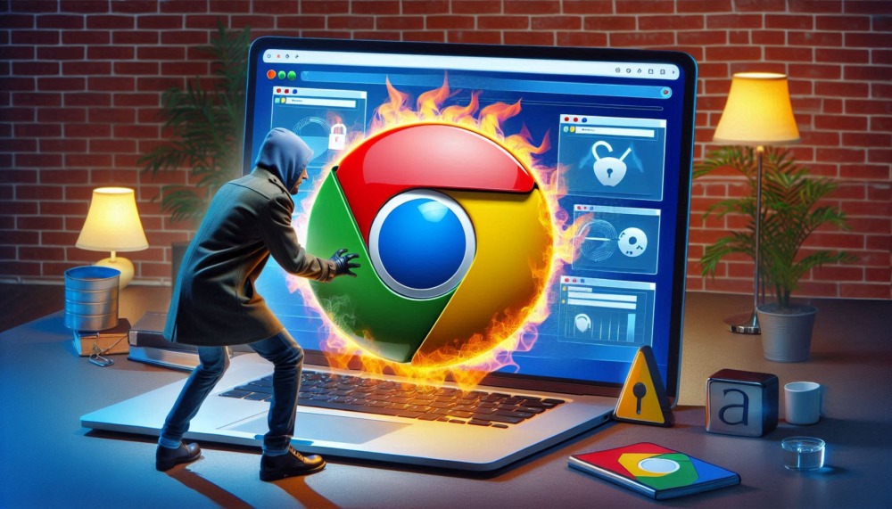 Upgrade Google Chrome urgency shown by Chrome logo guarding laptop from attack