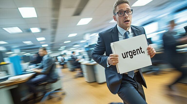 Man holding "urgent" sign to show pace of work changing according to LinkedIn