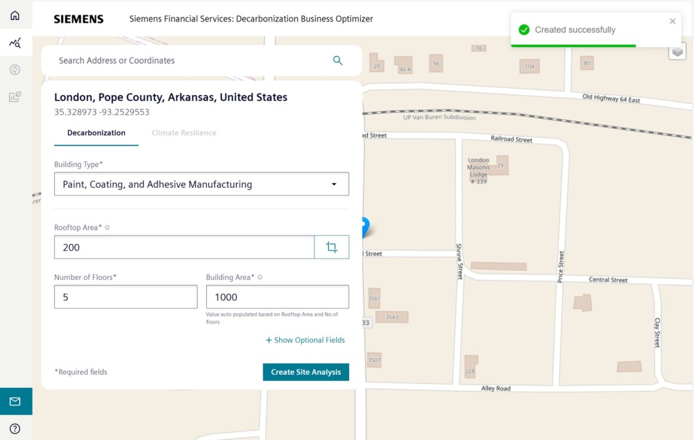 Siemens' net-zero tool showing building size and location